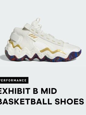 adidas Women Exhibit B Mid Basketball Shoes - White/Gold/Multicolor Sole